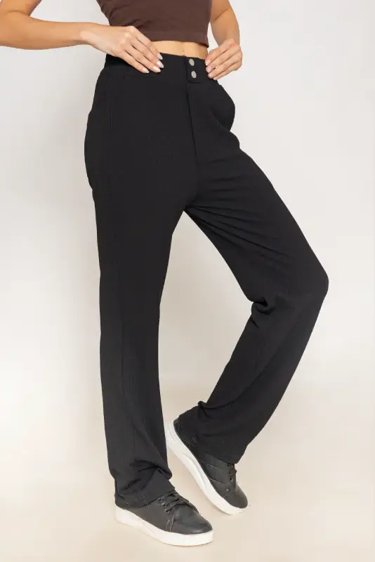 Double-Button Textured Straight-Leg Trousers